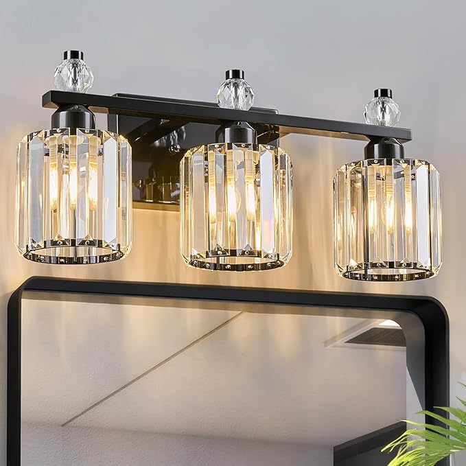 FDPBY Bathroom Vanity Lights 3-Light Plating Black Modern Crystal Vanity Light by FDPBY