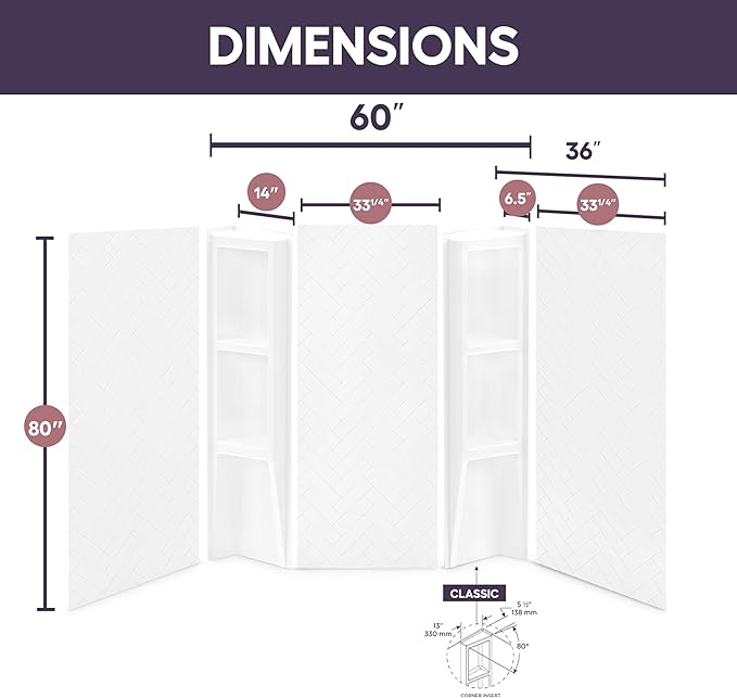 White Acrylic Shower Wall Surround 36"x 60"x 80" - Image 3