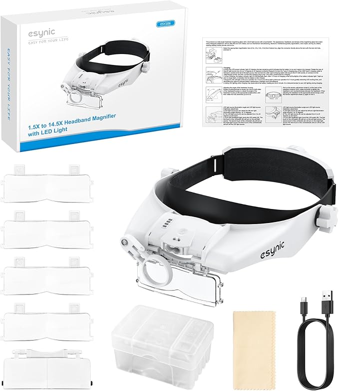 eSynic Head Magnifier with 2 LED Light-1.5X-13X Magnification with 5 Acylic - Image 8