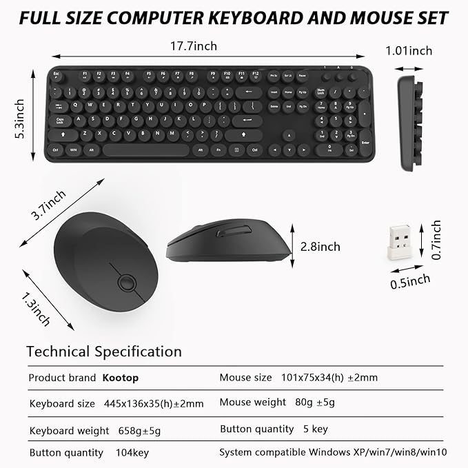 Wireless Keyboard and Mouse, KOOTOP Cute Black Keyboard and Mouse, 2.4G - Image 9