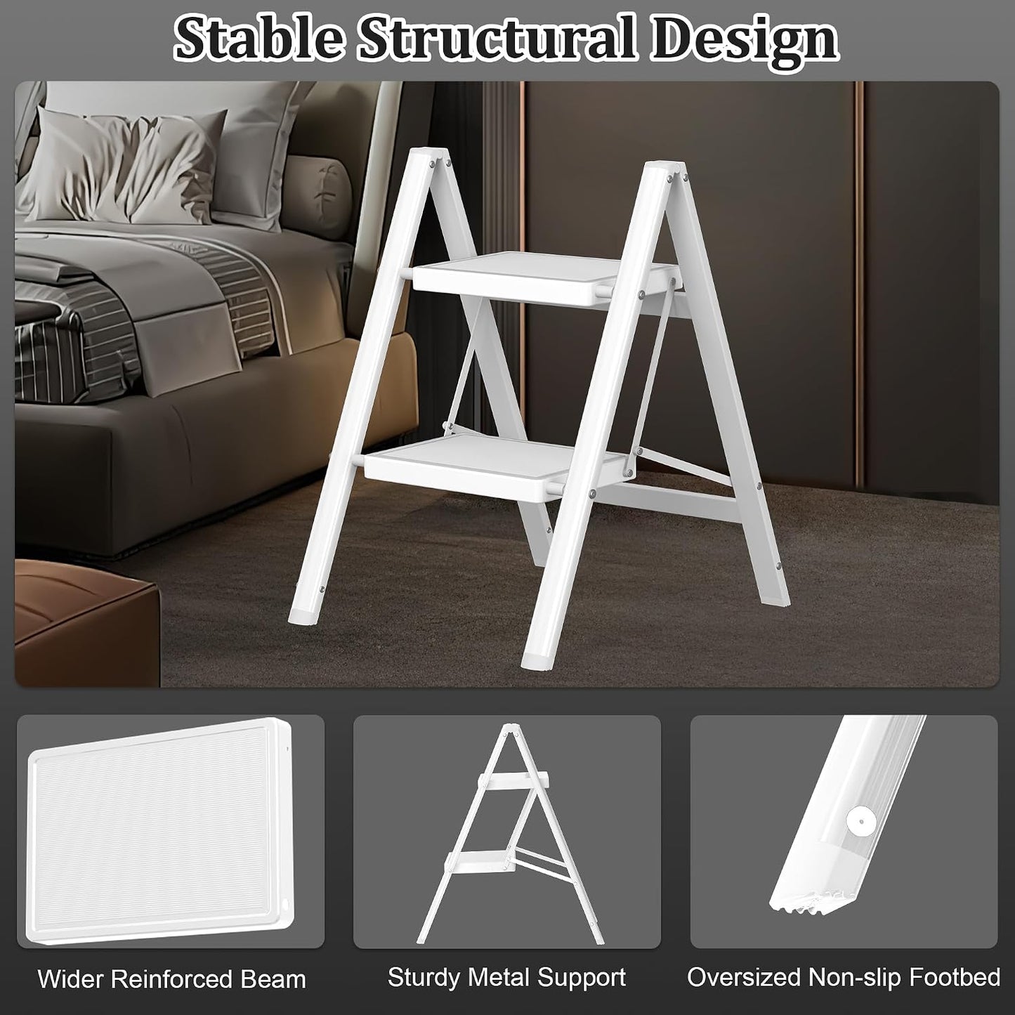 2 Step Ladder, Folding Step Stool with Anti-Slip Wide Pedal, Anti-Slip Feet, Sturdiest Steel Construction, 330lbs Capacity Steel Ladder for Home and Office, White