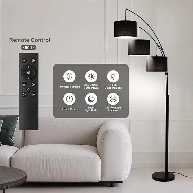 Fansdrick Floor lamp with Remote, 3 Light Arc Floor Lamps - Image 3