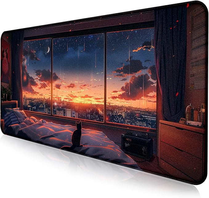 Anime Cat Fantasy Window Mouse Pad, Summer Mouse Pad Large Healing Night Scene by LQFIWSS