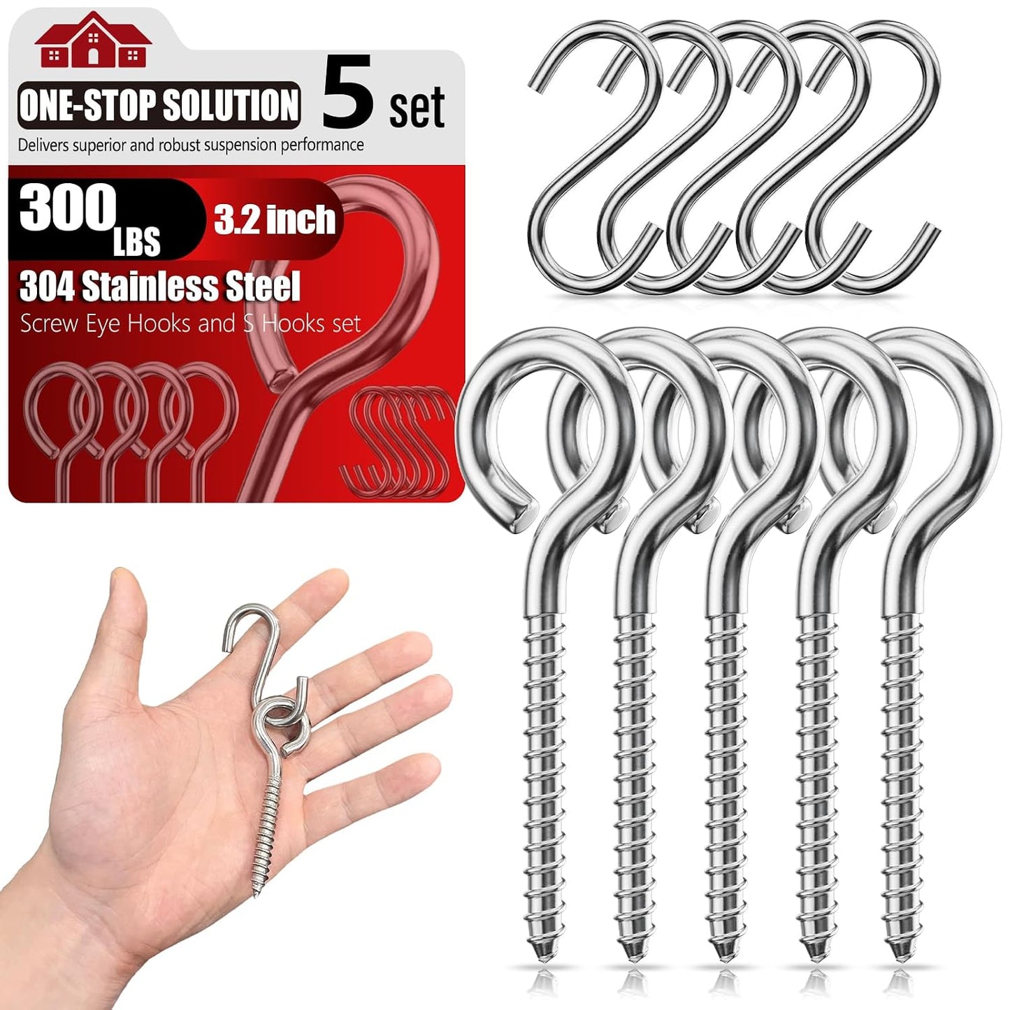 300LB 304 Stainless Steel 3.2inch Screw Eye Bolt Hook with S-Hook | Screw Eye Hooks for Wood, Hammock, Outdoor String Lights, Hanging Plants, Swing, Wind Chimes & Rope Tie Down, set of 5
