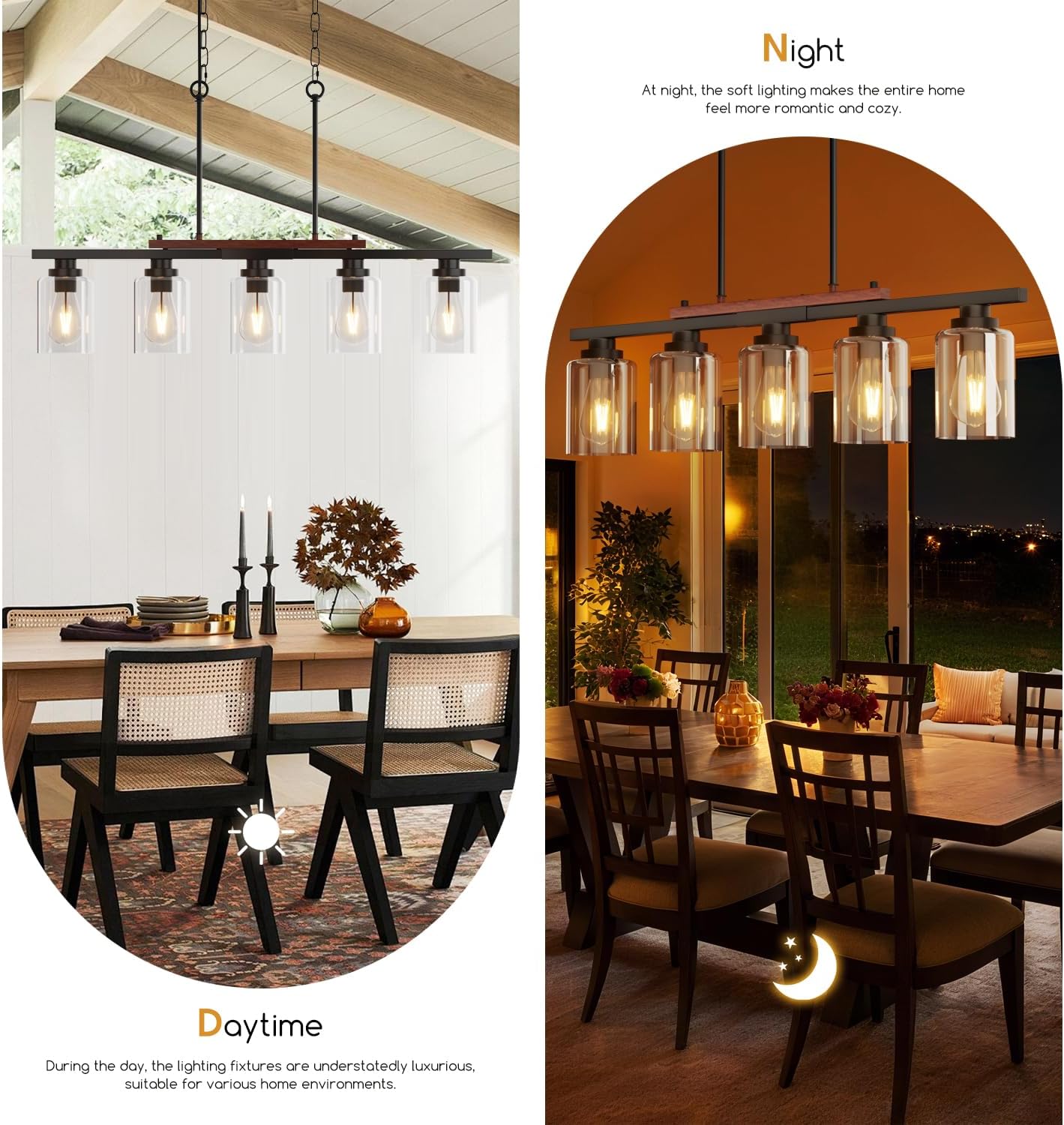 5-Light Dining Room Light Fixture 33.4" Kitchen Island Lighting | Linear Chandelier, Clear Glass Shades, Adjustable Height,for Kitchen Island, Dining Room