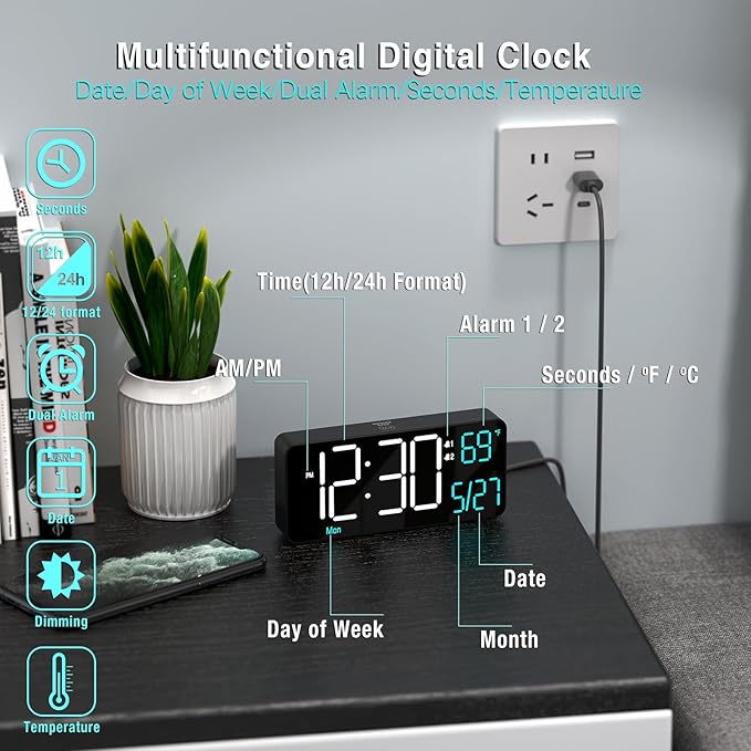 KOSUMOSU Alarm Clocks for Living Room, 6.7in Small Digital Clock for Bedroom - Image 5