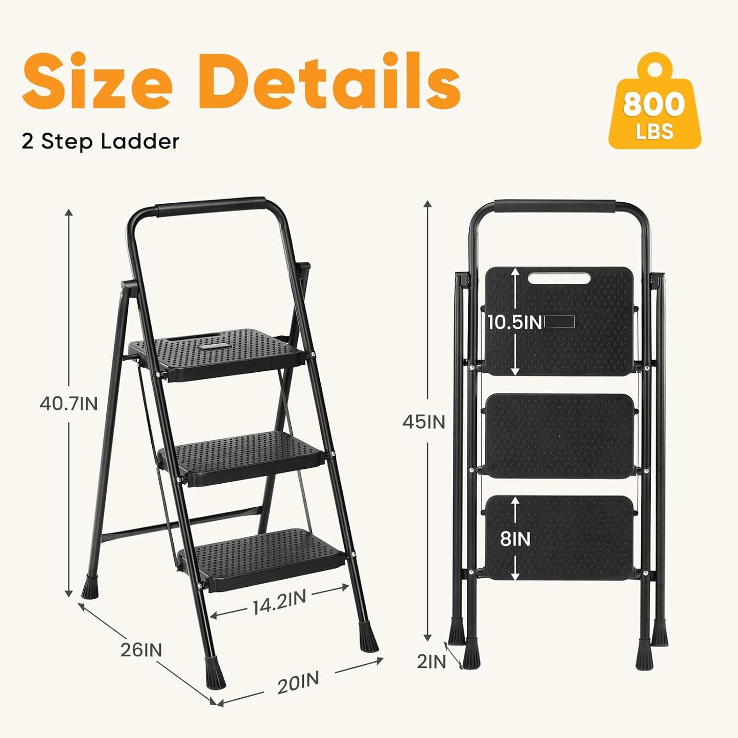NEWBULIG 3 Step Ladder, Foldable Step Stool with Safety Lock | Lightweight Portable Steel Stool with Anti-Slip Rubber Feet ,for Home Office Garage, Black