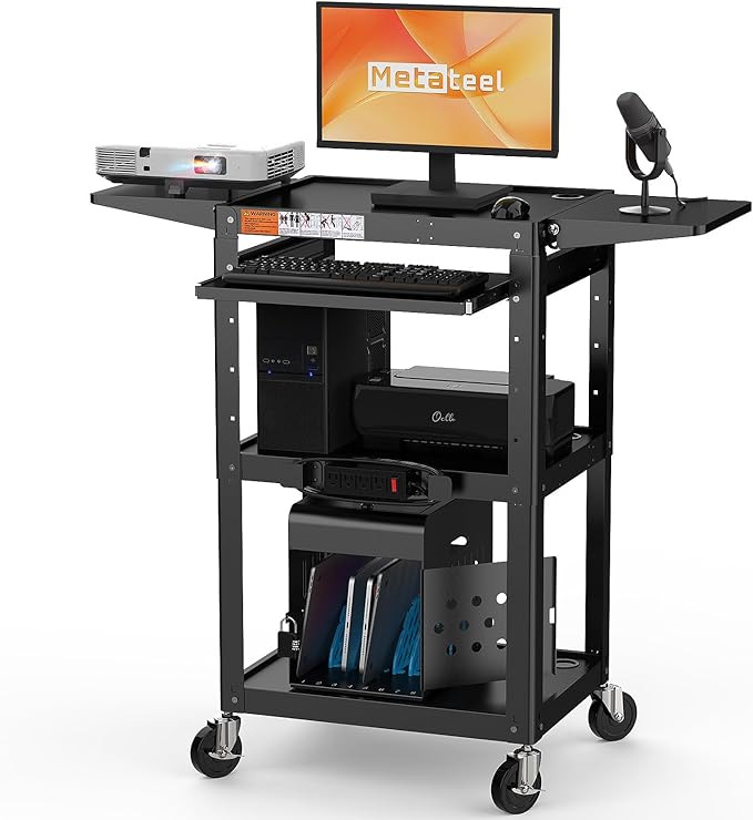 All-Steel Rolling AV Cart with Adjustable Height & Built-in Power – Heavy-Duty by MetaTeel