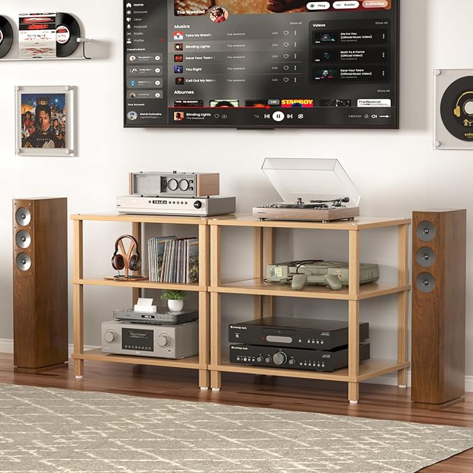 LELELINKY 3-Tier AV Media Player Stand Set of 2, Natural Stereo Cabinet - Image 2