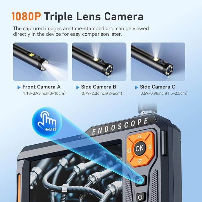 50FT Triple Lens 5" IPS Borescope Inspection Camera, Ginocaco 1080P Digital - Image 3