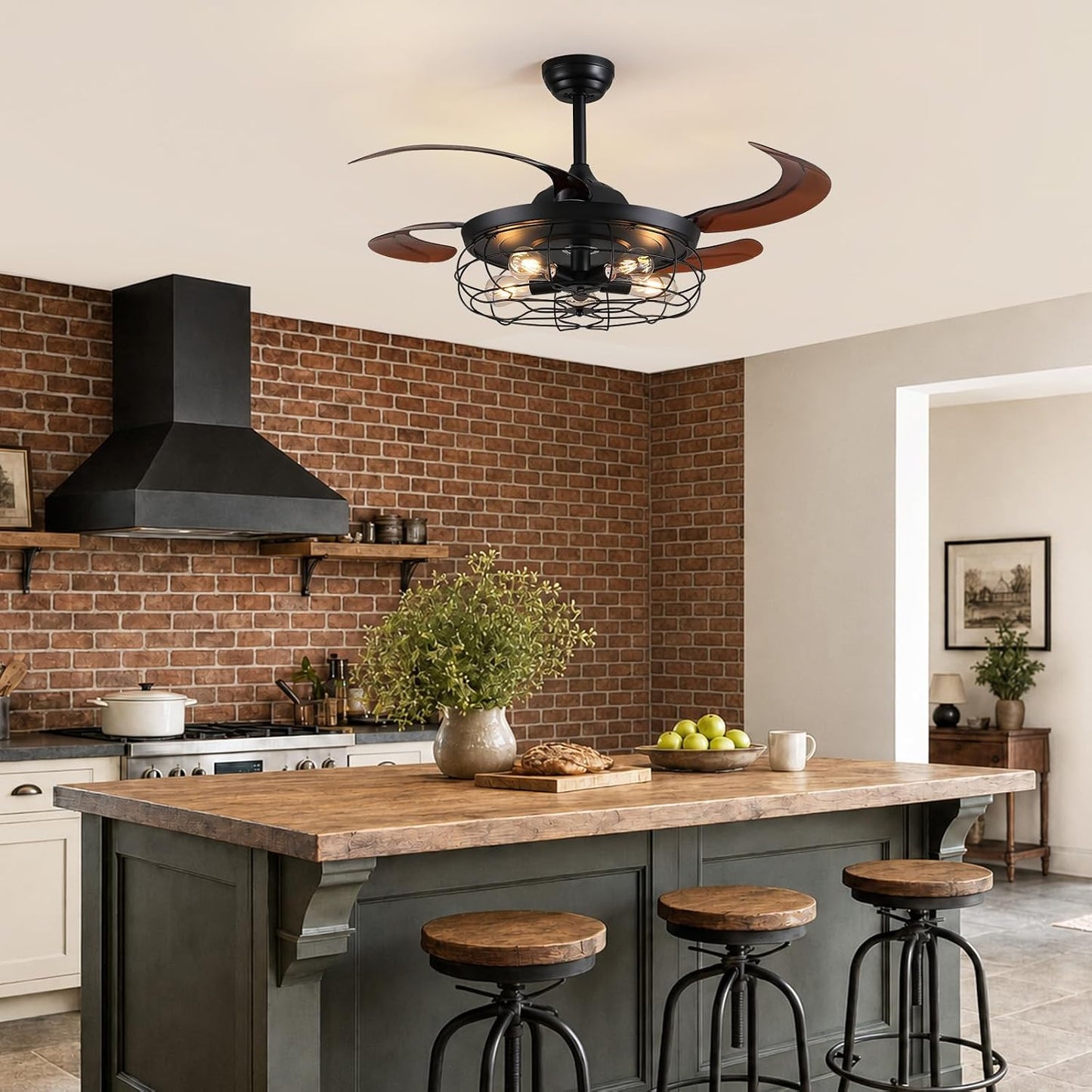 48" Rustic Ceiling Fan with Lights and Remote, Industrial Fandelier Ceiling Fan Black Retractable Invisible Ceiling Fan for Farmhouse Living Room Dining Room Bedroom Kitchen Garage