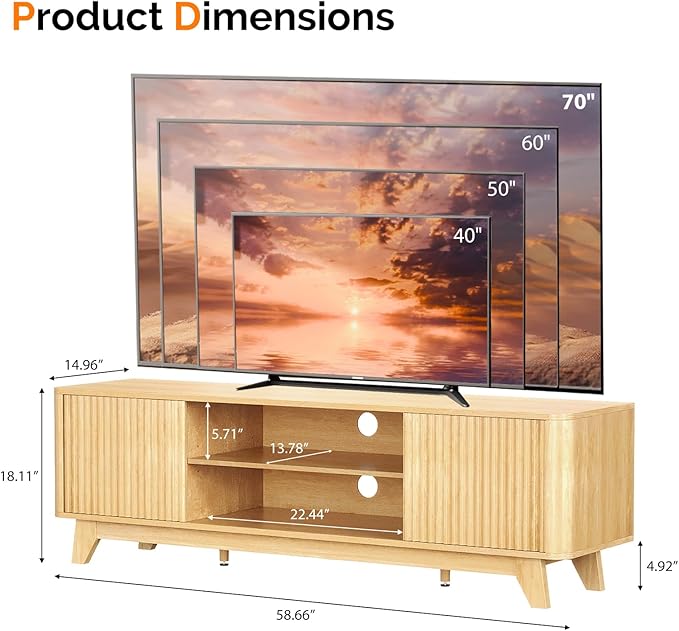 VINGLI 58.6" TV Stand for 70 Inch TV, Mid Century Entertainment Center - Image 3