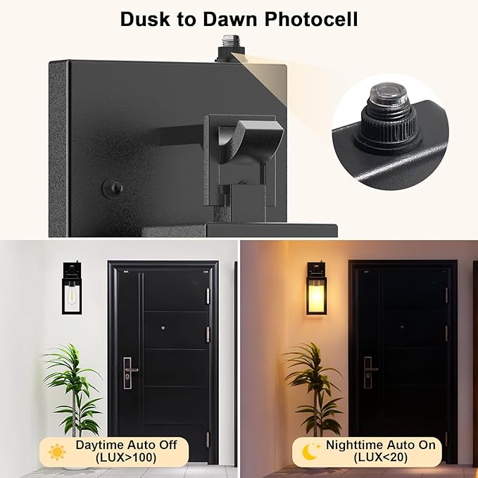LTBLIGHT 2-Pack Dusk to Dawn Outdoor Wall Lights, Modern Black Sensor Porch - Image 2