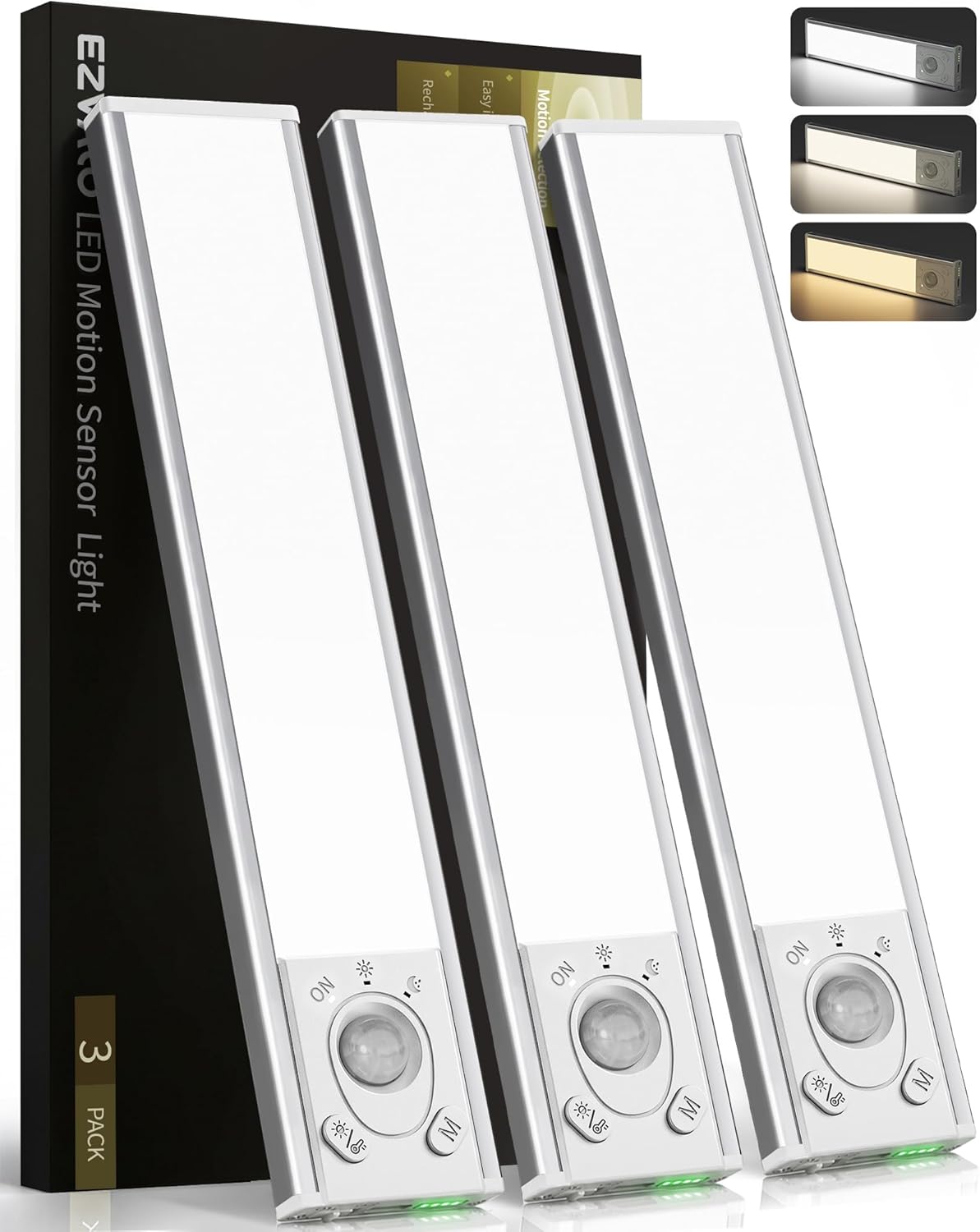 EZVALO Under Cabinet Lighting Wireless, 8'' 1800mAh Rechargeable Closet Light, LED Motion Sensor Lights with Power Display, Dimmable & 3 Color Temps, Under Counter Lights for Kitchen, Pantry, Stairs