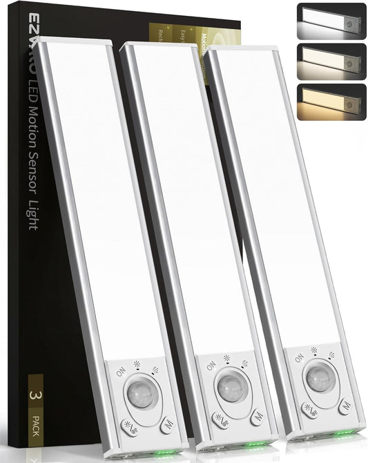 EZVALO Under Cabinet Lighting Wireless, 8'' 1800mAh Rechargeable Closet Light, LED Motion Sensor Lights with Power Display, Dimmable & 3 Color Temps, Under Counter Lights for Kitchen, Pantry, Stairs