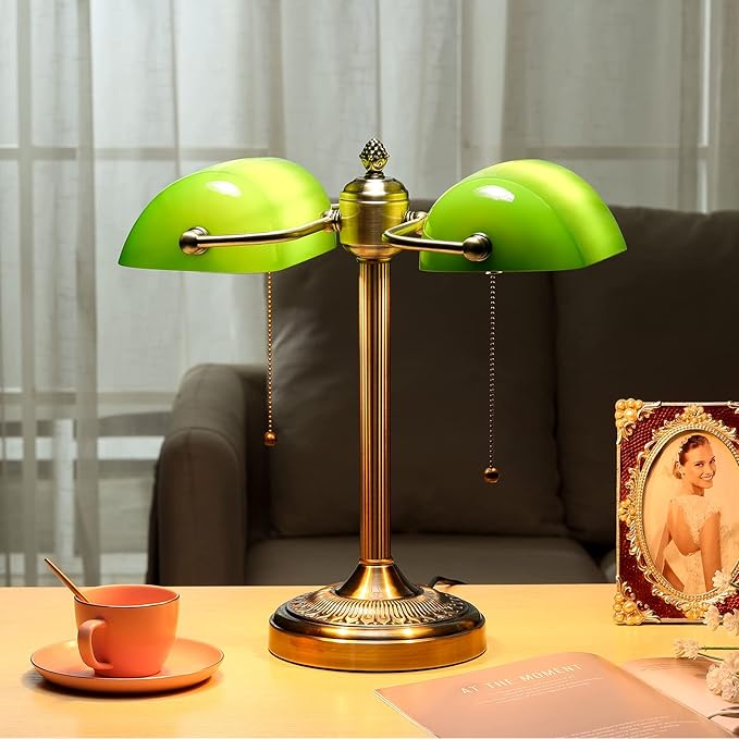 Newrays Green Double Head Glass Bankers Desk Lamp - Image 2
