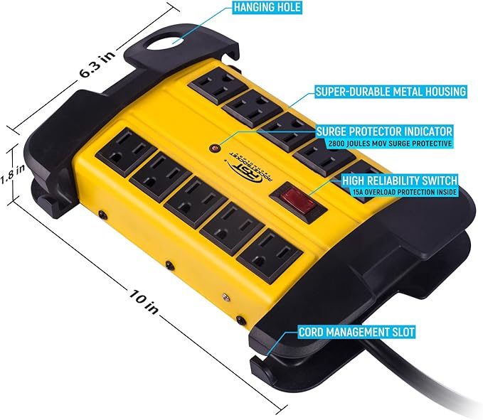 CRST 10-Outlets Heavy Duty Power Strip Metal Surge Protector - Image 3