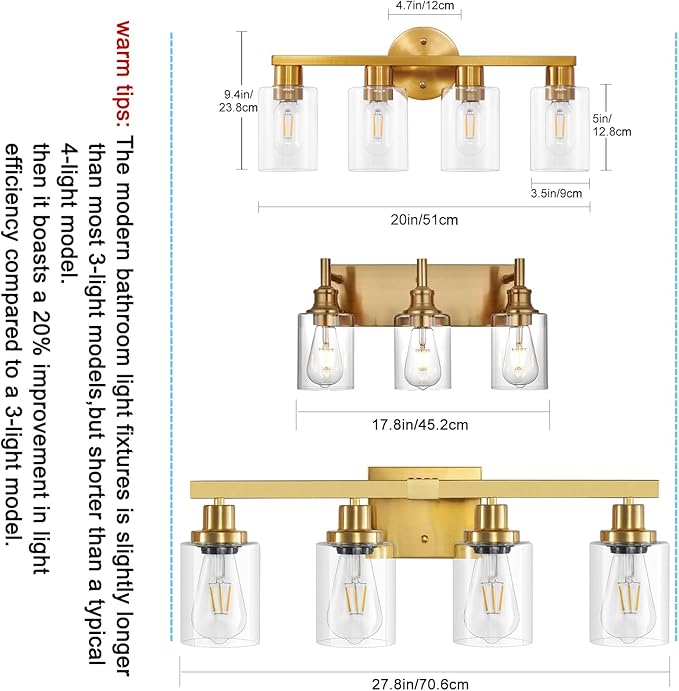 4 Light Gold Bathroom Vanity Light, Brushed Brass Bathroom Light Fixtures - Image 5