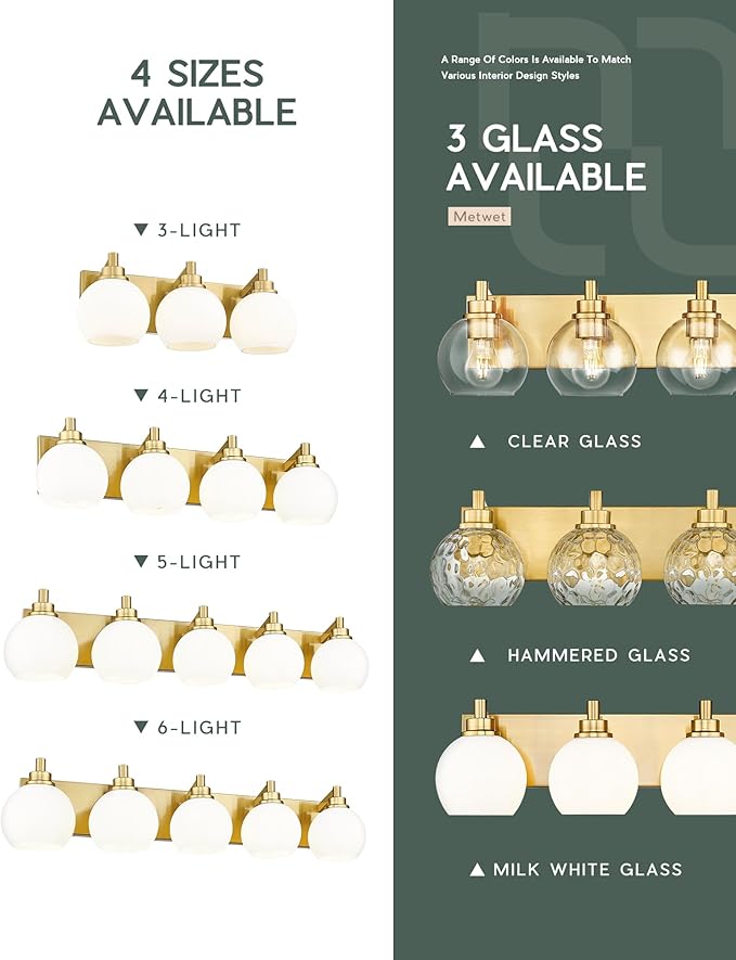 METWET Bathroom Light Fixtures, 6-Light Brushed Gold Bathroom Vanity Lights - Image 7