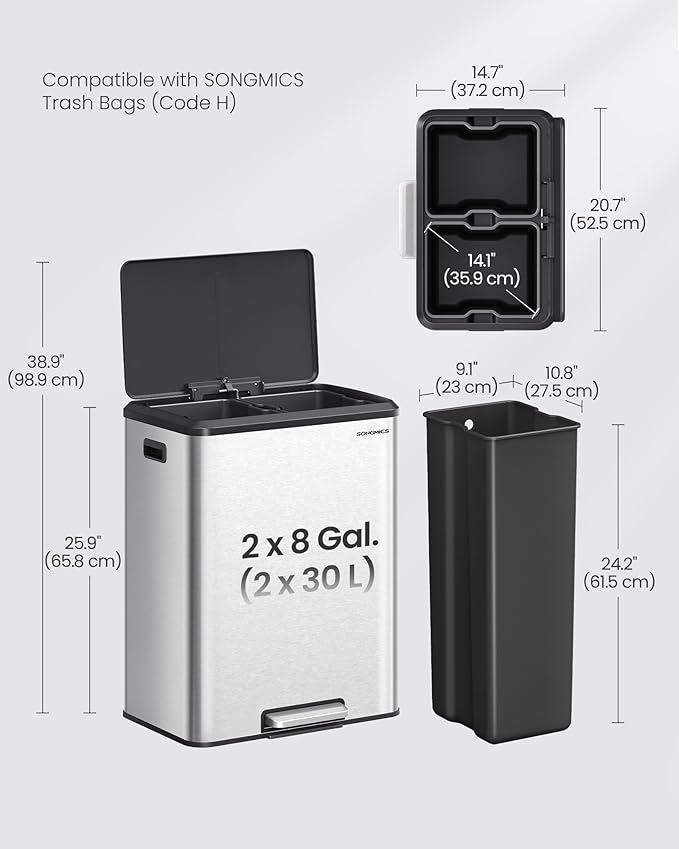 SONGMICS Trash Can, 2 x 8 Gallon Double Garabge Can - Image 6