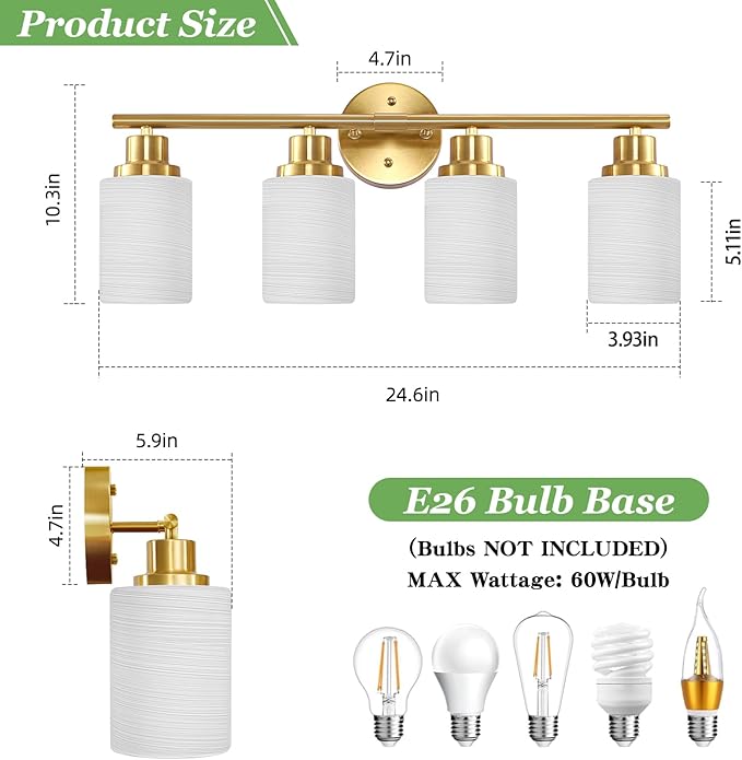 Guliaofo 4-Light Vanity Lights, Brushed Gold Bathroom Light Fixture - Image 2