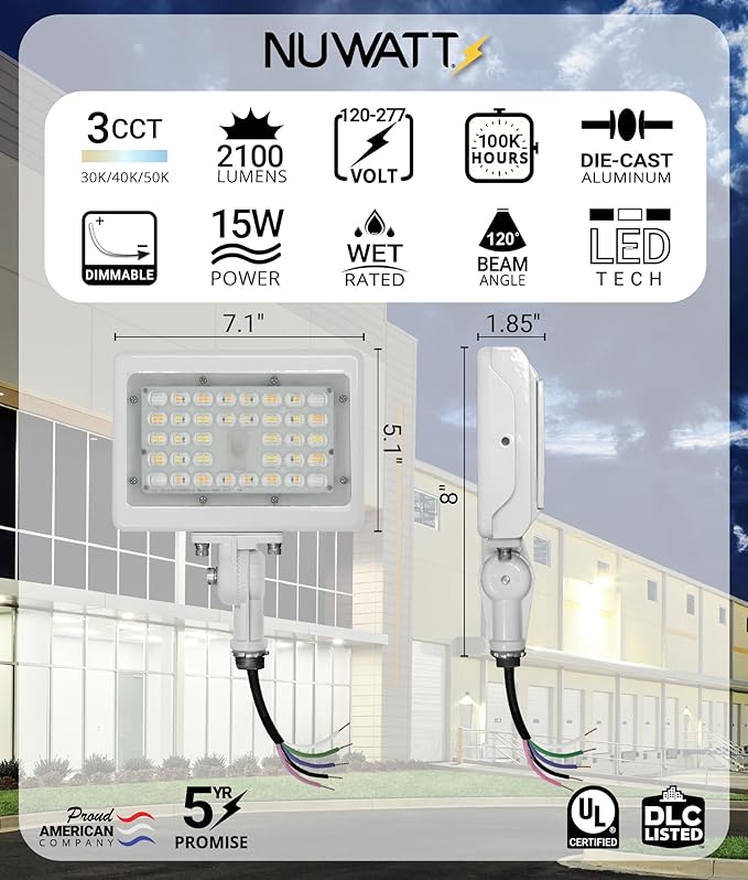 NUWATT 15W LED Flood Light, 3CCT 3000K/4000K/5000K Selectable, IP65 Waterproof - Image 2