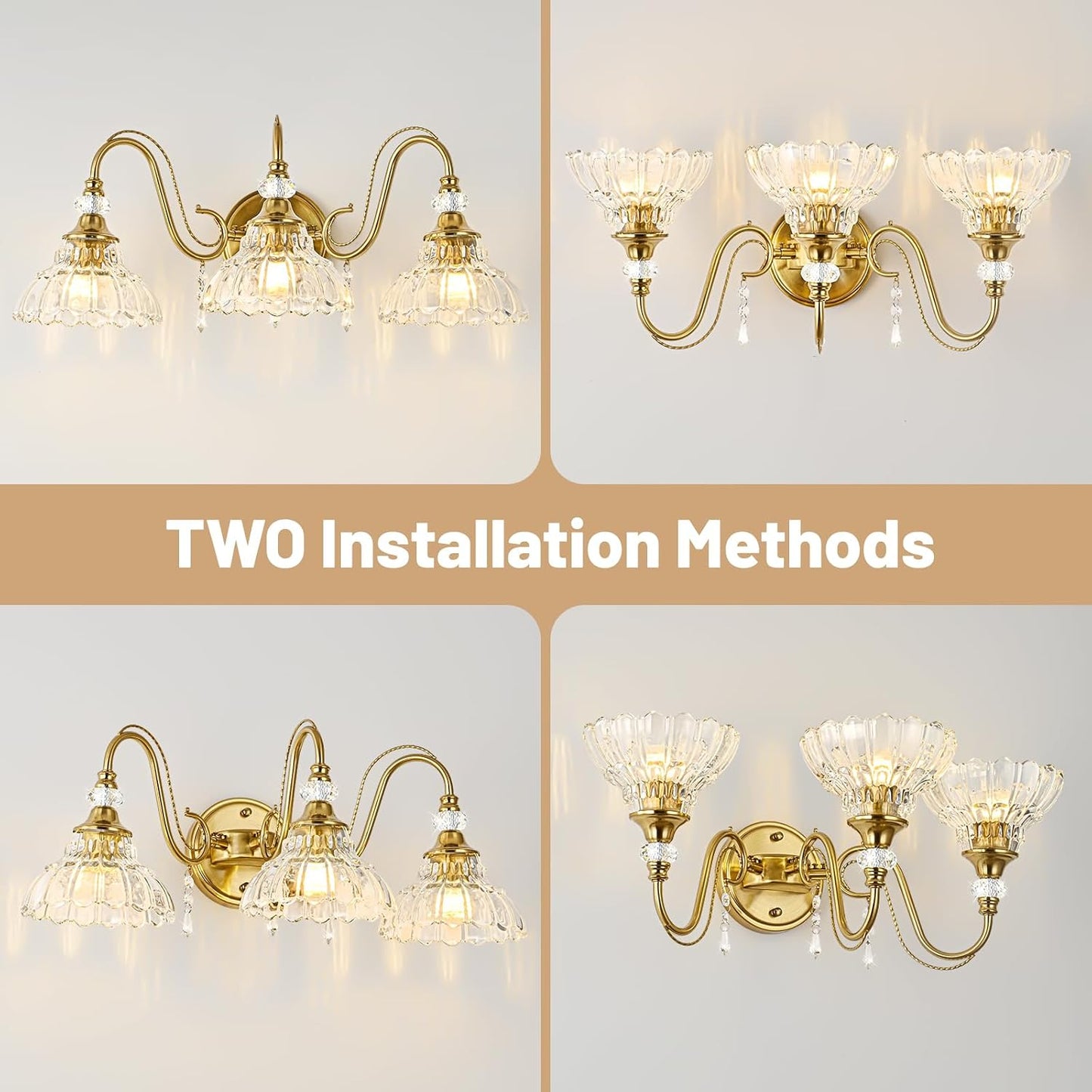 Vintage Bathroom Vanity Light, 3-Light Brushed Gold Finish Wall Sconce with Hanging Crystal Accents and Flower-Shaped Clear Glass Shades, Retro Wall Mount Vanity Light Over Mirror for Bathroom