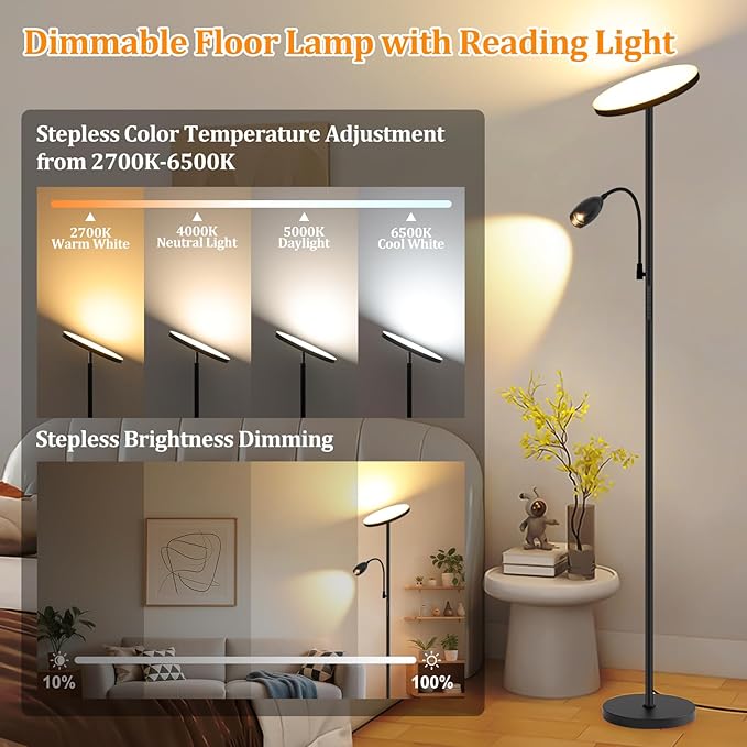 LED Torchiere Floor Lamp with Gooseneck Reading Light, Remote Control Standing - Image 4