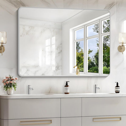48x36 Inch Silver Bathroom Mirror, Large Rectangular Vanity Mirror, Metal