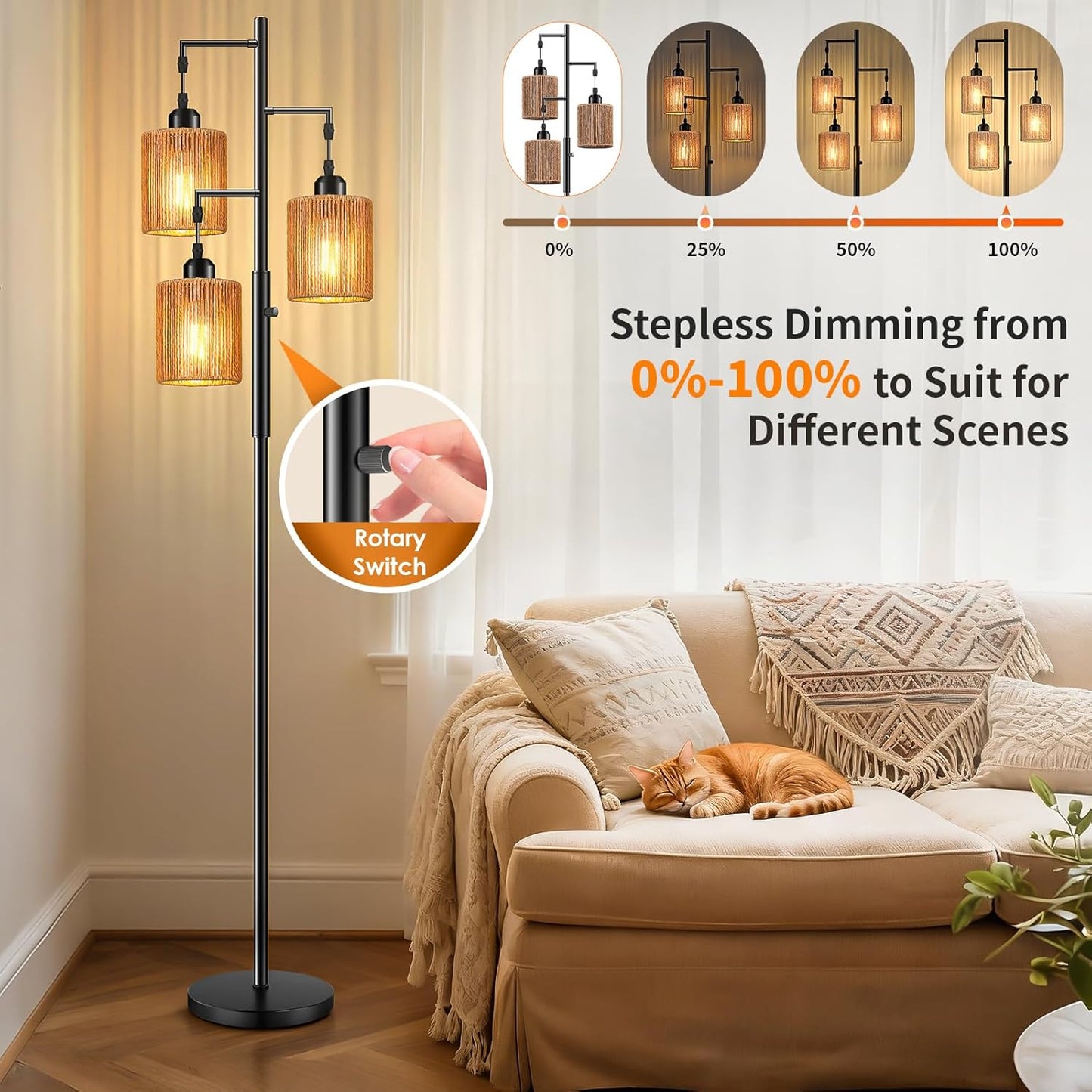 Hotsonic 72" Boho Rattan Tree Floor Lamp, Tall Dimmable Industrial Standing Lamp, Corner Decor Accent Lighting for Living Room, Bedroom, Dining Room, Nursery, Cafe (3 x 800LM Bulbs Included) - Black