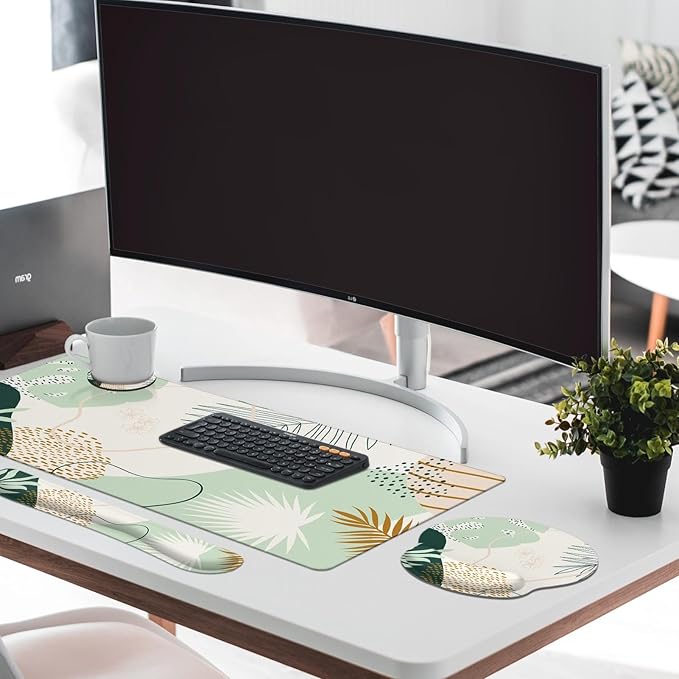 Britimes Green Boho Leaves Keyboard Mouse Pad Set 4in1 Large Mousepad+Keyboard - Image 7