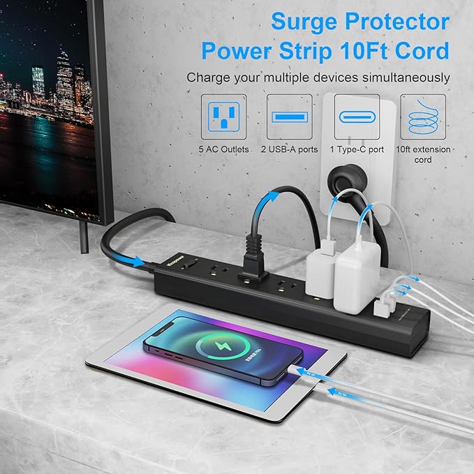 10FT Long Surge Protector Power Strip-with 5 Widely Outlets and 3 USB Ports - Image 2