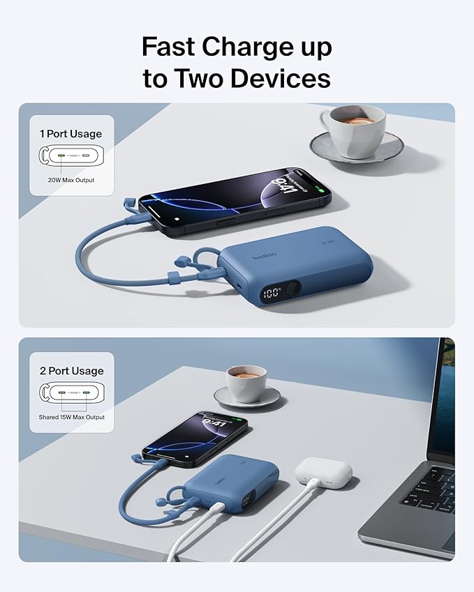 Belkin Portable Charger, Slim USB-C Power Bank 10, 000mAh w/ 2 USB-C Ports - Image 2