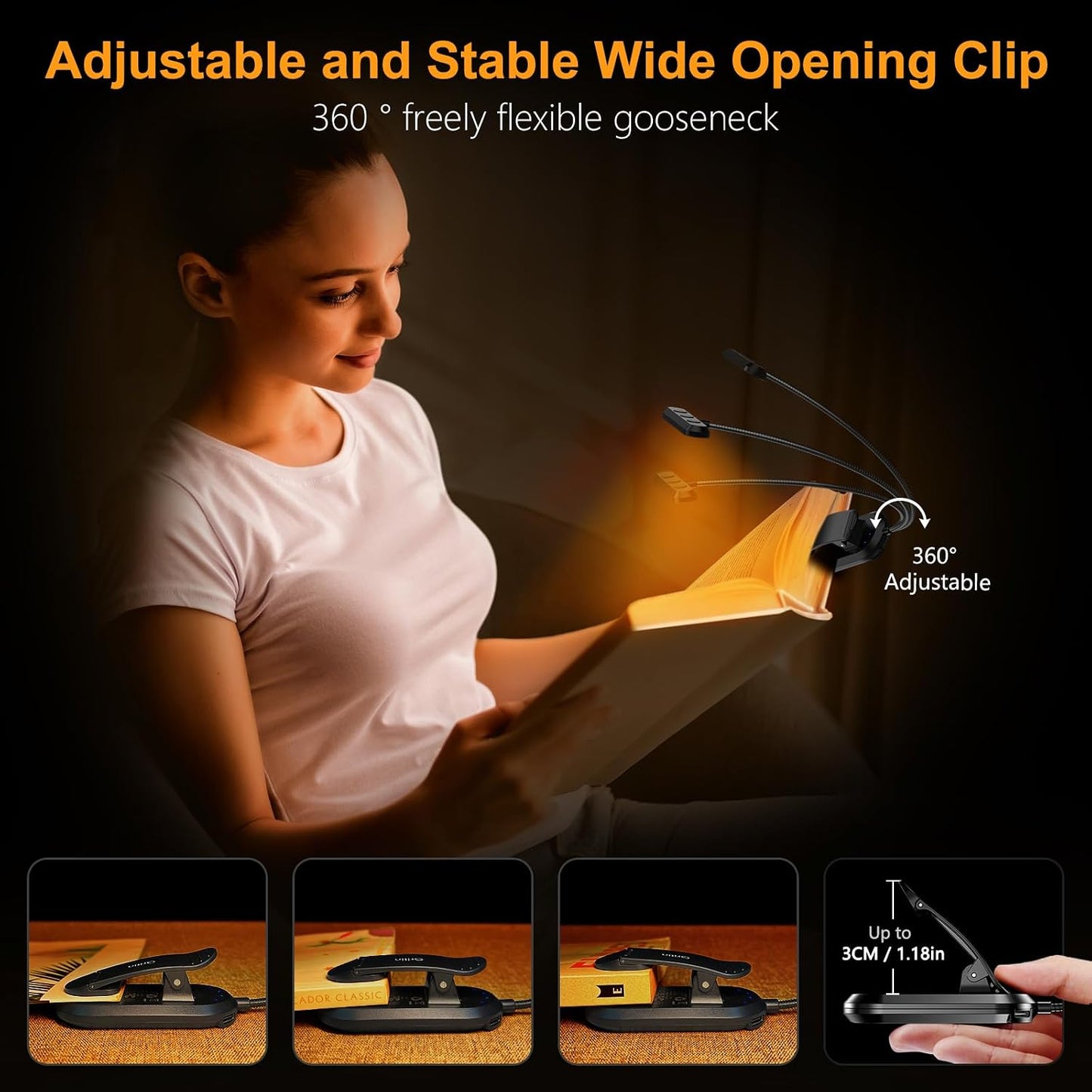 Gritin Rechargeable Book Light for Reading in Bed with 19 LED | Eye Caring 3 Color Temps,5 Brightness Levels,Memory Function,90 Hrs Runtime Flexible Goose Neck Clip on Light for Book Lovers
