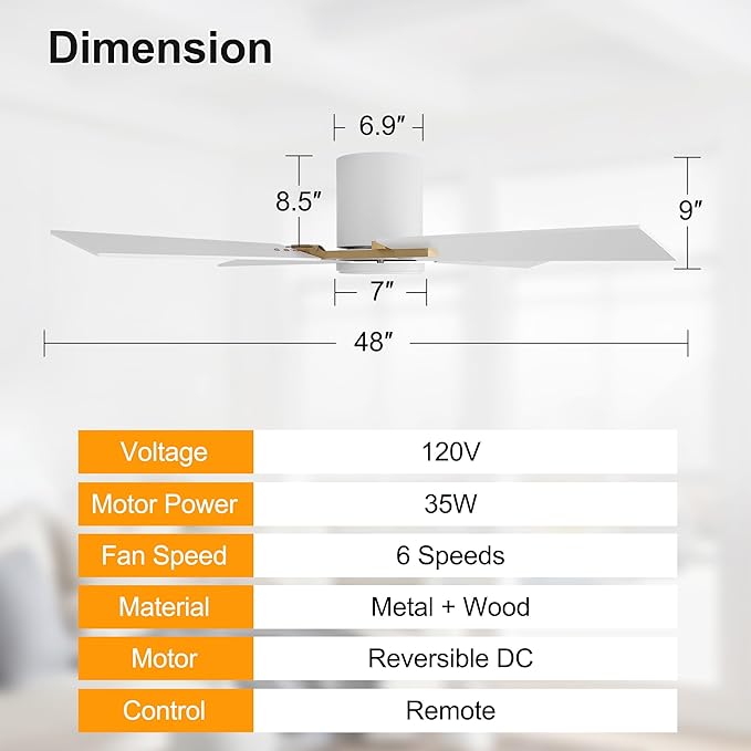 WINGBO 48 Inch Flush Mount Ceiling Fan without Light - Image 5
