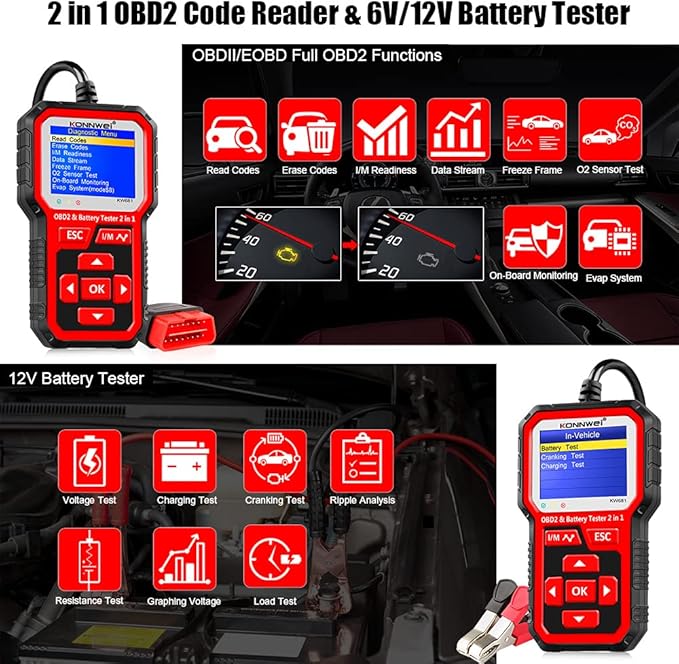 KONNWEI KW681 OBD2 Scanner 6V 12V Car Battery Tester, 2 in 1 Car Diagnostic - Image 3