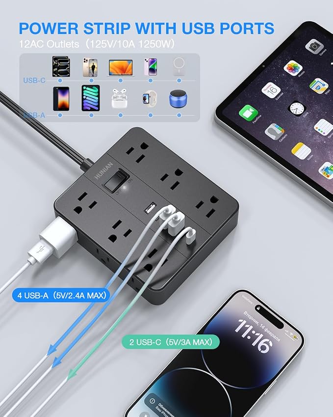 Flat Plug Surge Protector Power Strip, HUNIAN 12 Widely Spaced Outlets - Image 4