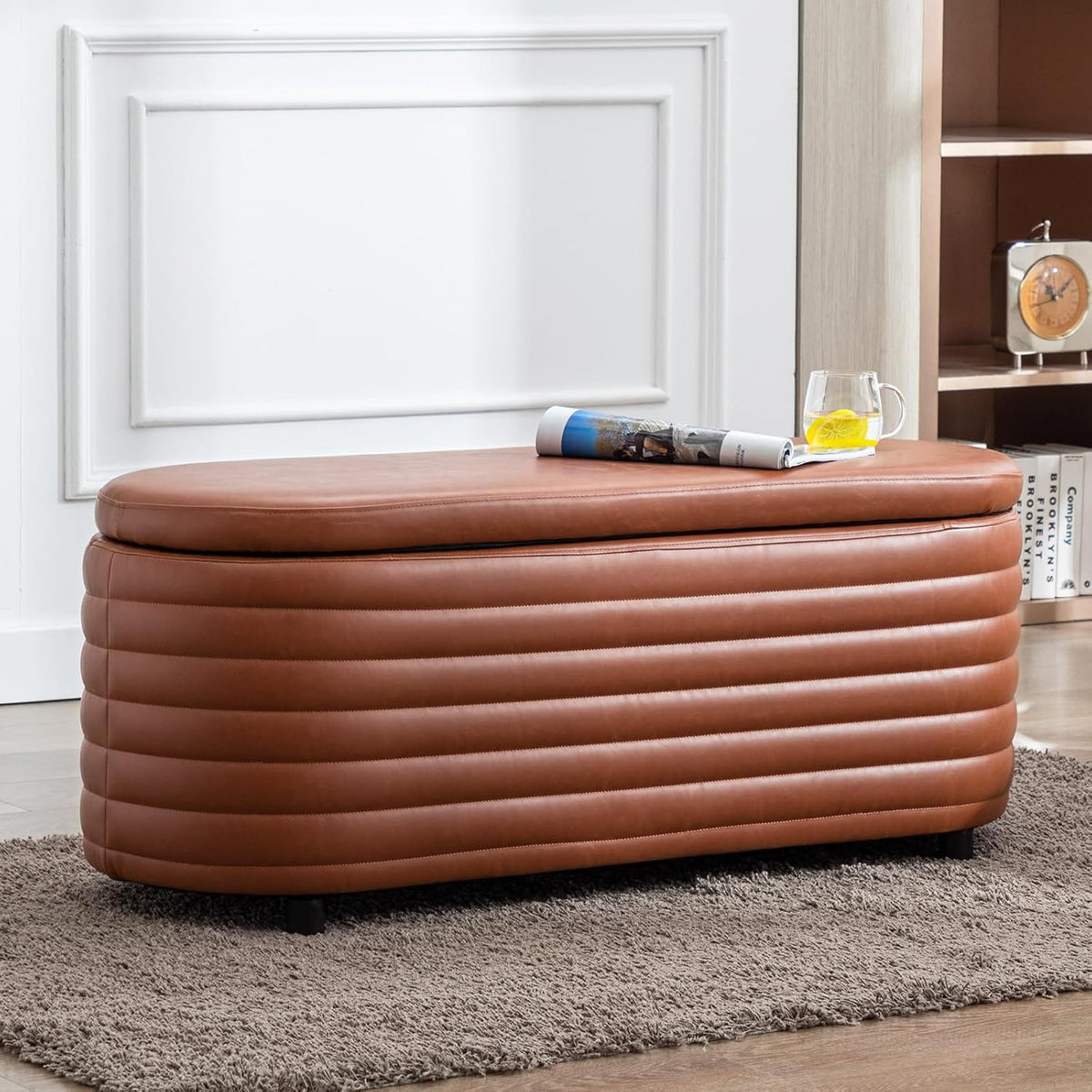 45.5" modern storage ottoman bench, brown leather shown in use