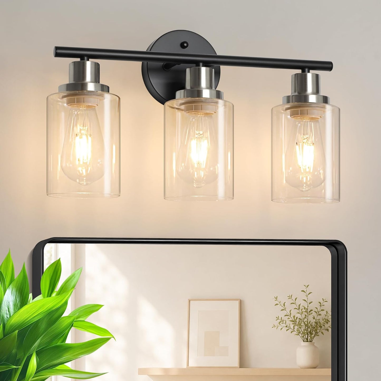 Modern Bathroom Light Fixtures, 3 Light Vanity Lights, Black and Brushed Nickel Wall Lamp with Clear Glass for Bathroom, Mirror, Living Room, Bedroom, Hallway, E26 Base