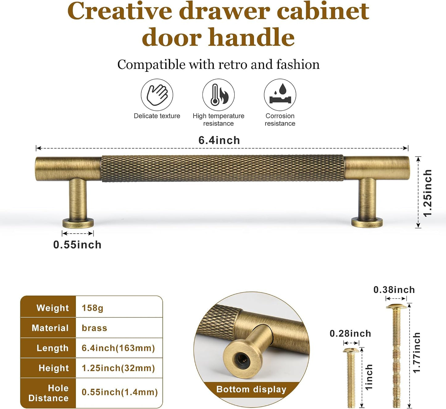 5" Knurled Solid Brass Cabinet Pulls, Antique Brass 2-Pack | Solid Brass Bar Pull + Knurled, Designer Look + For Kitchen Cabinets + Bathroom & Dresser + Heavy Duty, Easy Fit