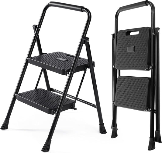 DUMOS Step Ladder, 2 Sturdy Step Stool with Anti-Slip Pedal & Comfortable Handrail, Portable Heavy Duty Stool for Kitchen, Garage & Outdoor Use, 800lbs, Black