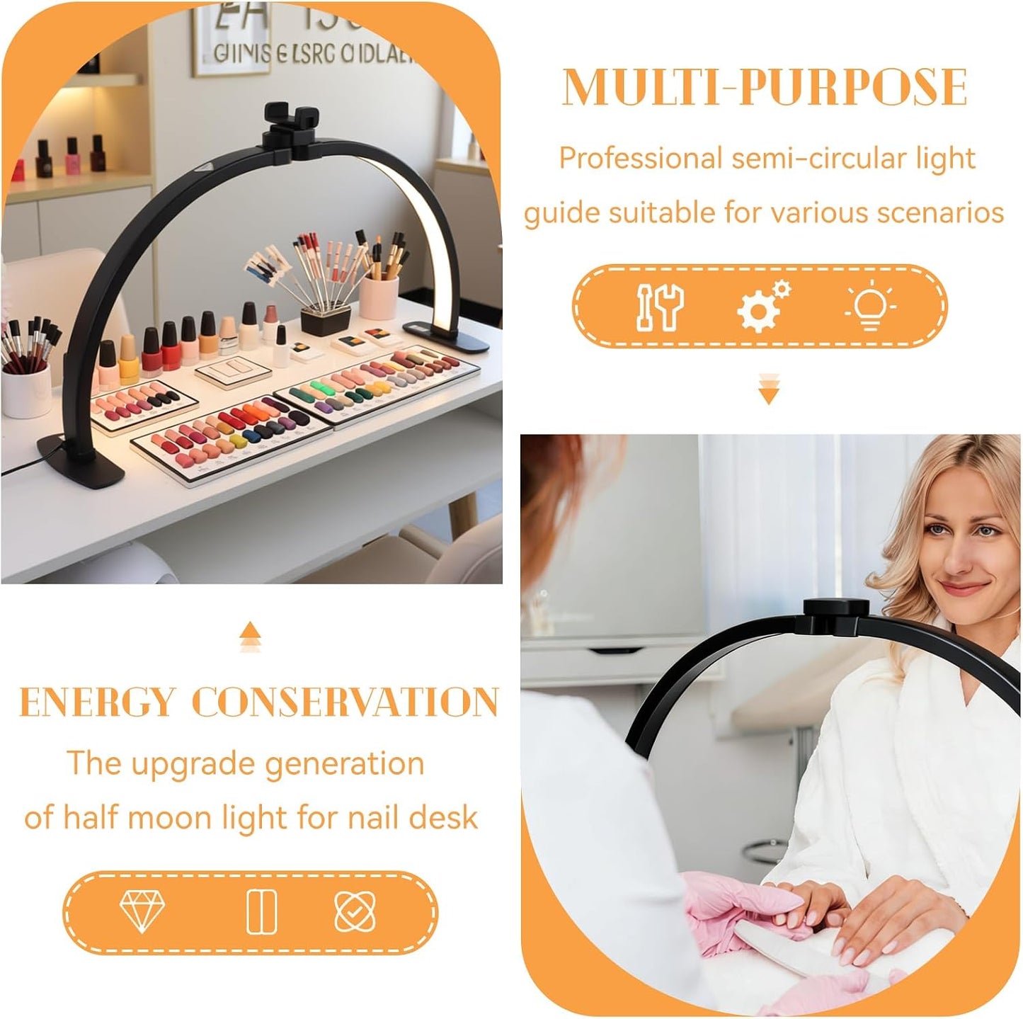 Kadden Foldable Large Half Moon LED Light for Table Nail Desk with Phone Stand, Upgrade Arch Light for Nail Techs with Wire Controller for Manicure Tattoo Beauty (Black, Large)