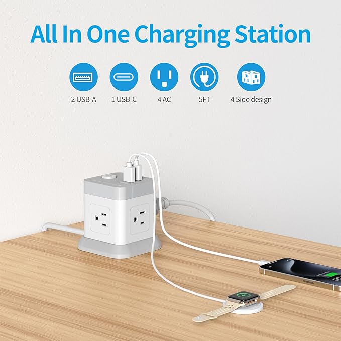 Power Strip with USB, FDTEK Flat Plug Extension Cord with 4 Outlets and 3 USB - Image 2