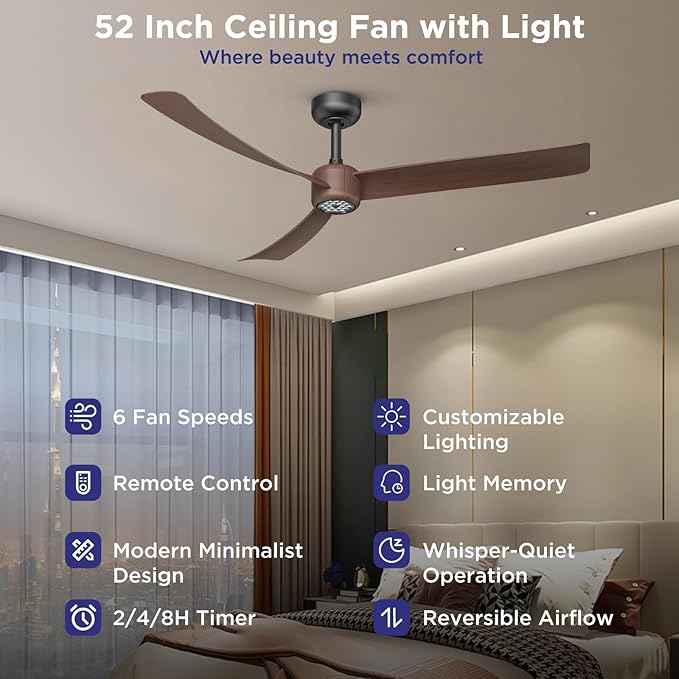 ocioc Ceiling Fans with Lights and Remote, 52 Inch Modern Ceiling Fan with - Image 3