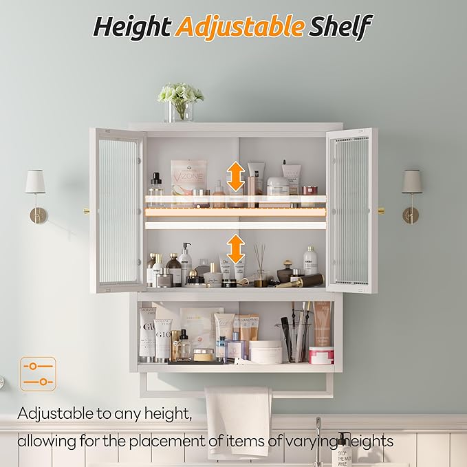 Bathroom Wall Cabinet with 2 Glass Door, Bathroom Medicine Cabinet with Towels - Image 5