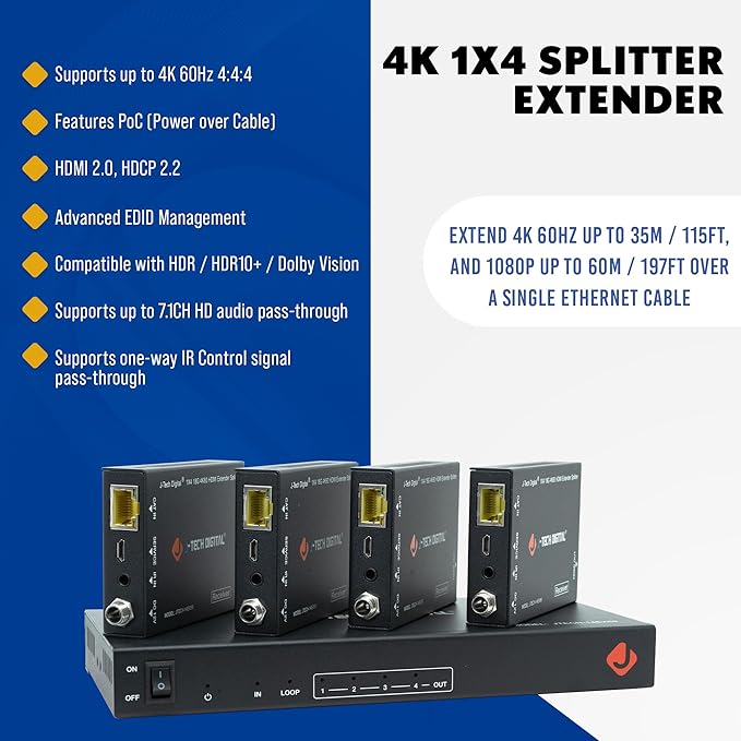 J-Tech Digital HDMI 2.0 4K 1x4 Splitter Extender Over Single Cable CAT6 - Image 2