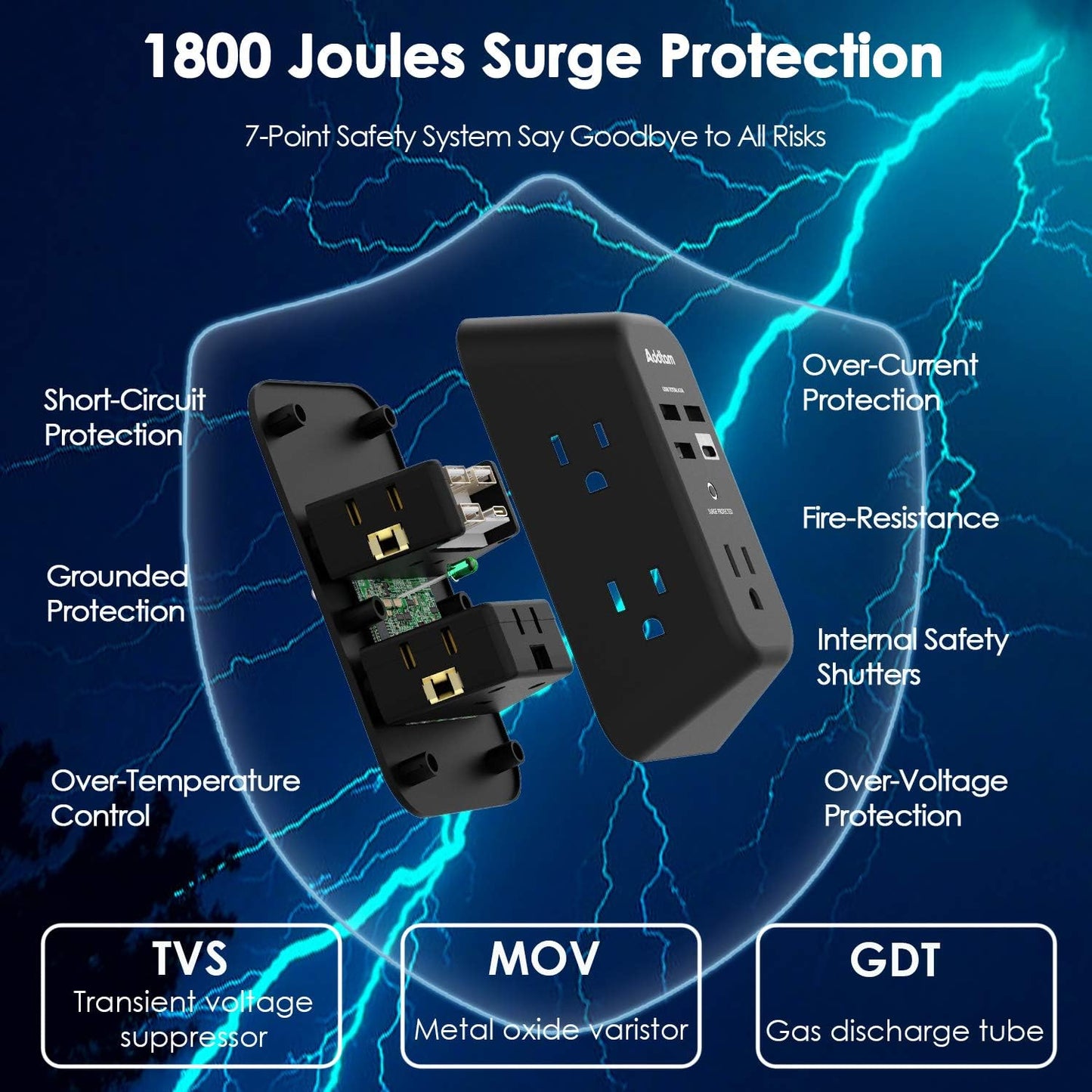 Addtam Surge Protector, Outlet Extender with 5 AC and 4 USB Ports, Black | Multi Plug Wall Outlet, Electric Outlet Splitter, 3-Sided 1800J Power Strip for Home Office Dorm, Easy to Install, Save Space