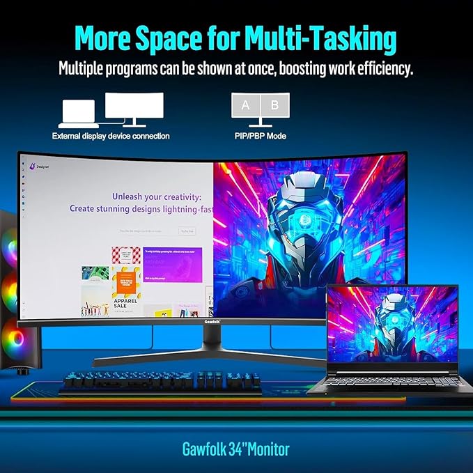 Gawfolk 34 Inch Ultrawide Curved Gaming Monitor, 1500R PC Screen UWQHD 3440x1440 - Image 4