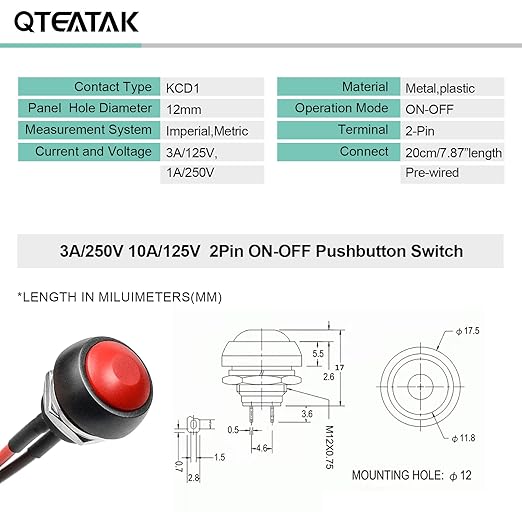 QTEATAK 1/2" Pre-Wired Mounting Hole On/Off Red Mini Round Waterproof Momentary - Image 5