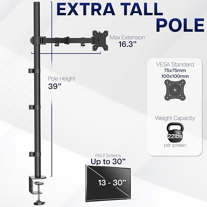 VIVO Extra Tall Single Monitor Desk Mount, 39 inch Pole VESA Stand - Image 5
